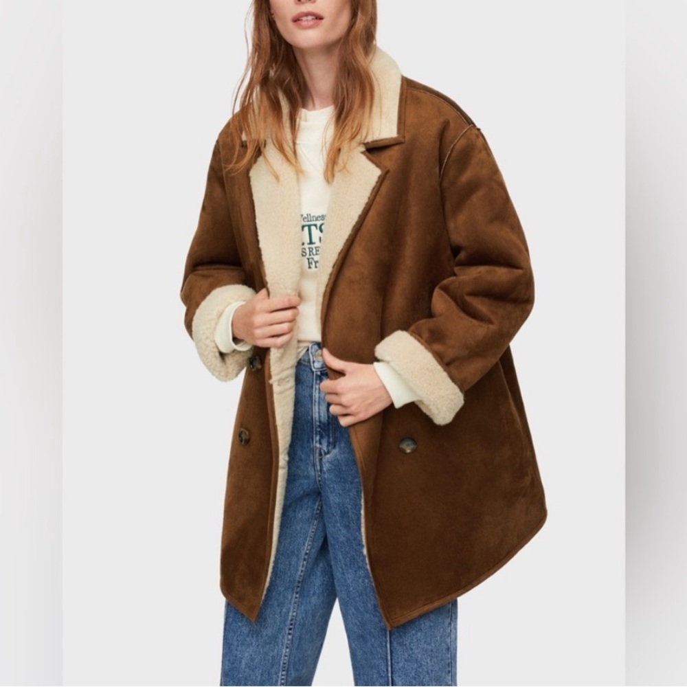 Mango Faux Suede Shearling-lined Coat Jacket